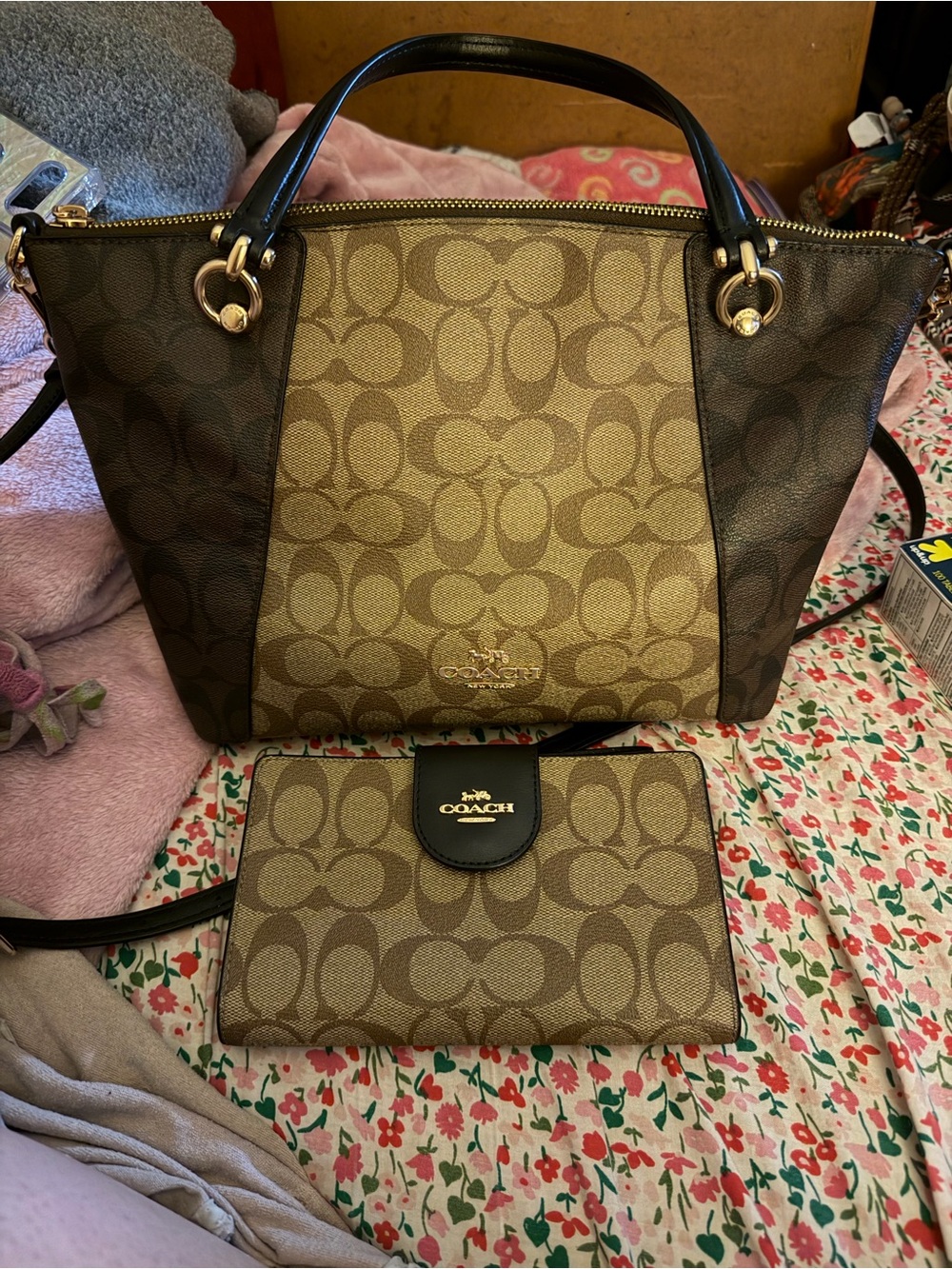 COACH Brown Signature Canvas Tote with Matching Wallet